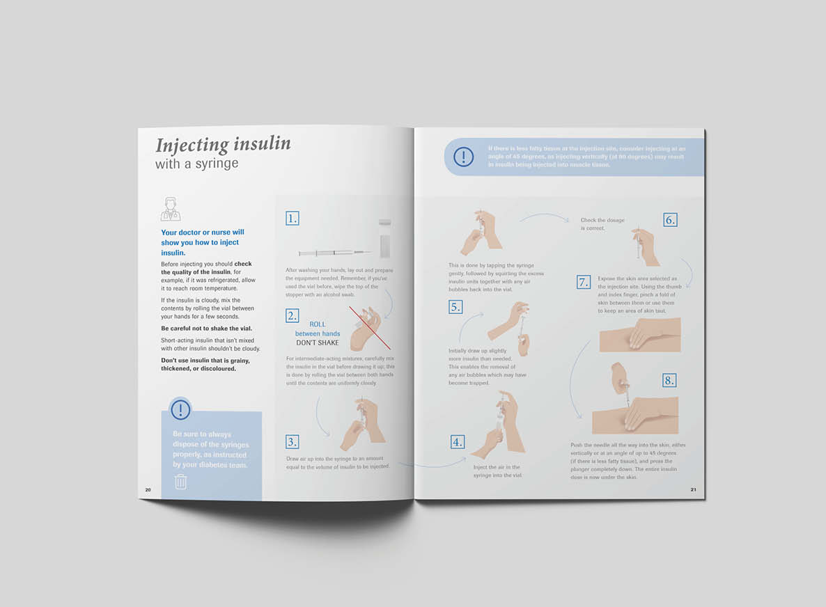 Brochure mock-up case study of diabetes patient booklet. Injecting insulin with a syringe.