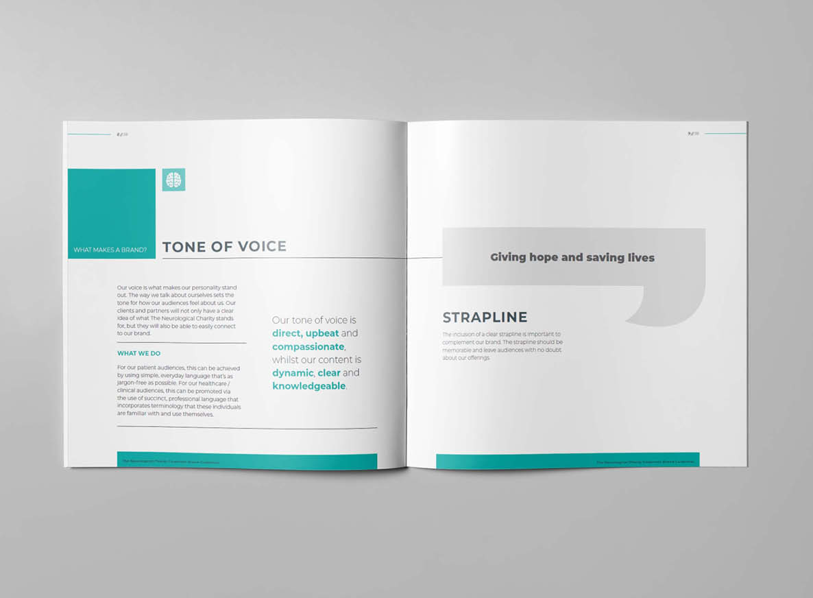 The Neurological Charity brand guidelines inner page - Tone of voice and strapline