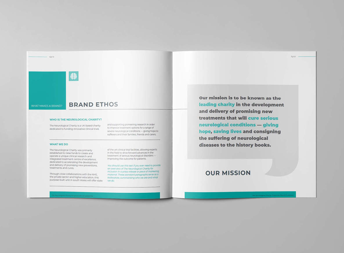 The Neurological Charity - Inner brand book page - Brand Ethos and Our mission