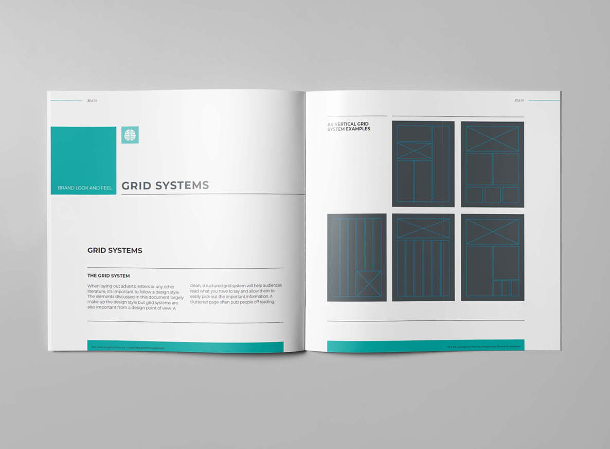 The Neurological Charity brand book inner page - grid system design structure