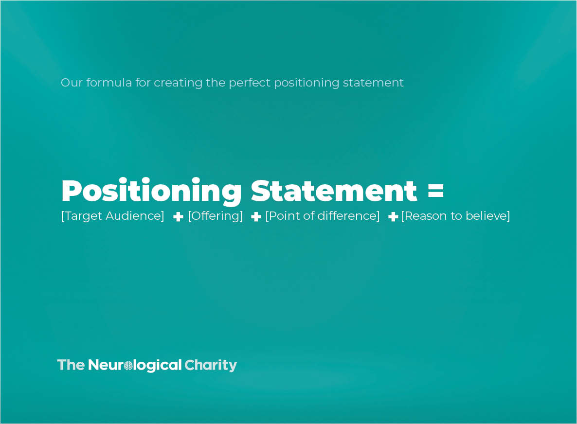 The Neurological Charity brand book inner page. Positioning statement = target audience + offering + point of difference + reason to belive